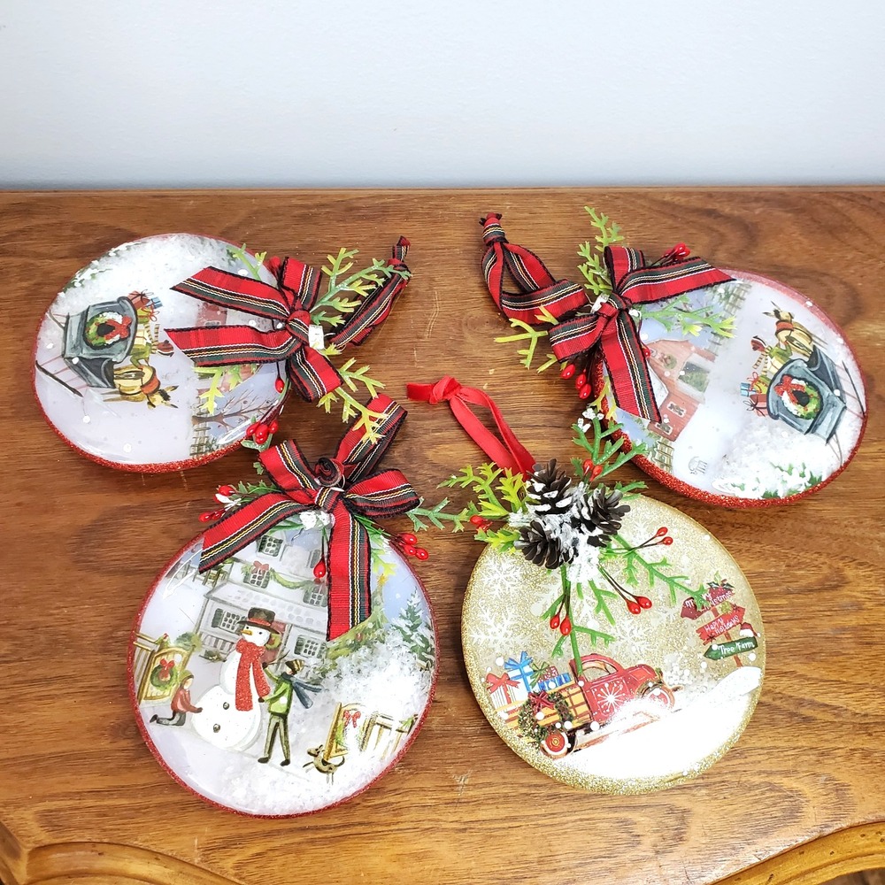 Snow Globe Style Christmas Ornaments Farmhouse Plaid Red Set of 4